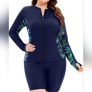 Navy Plus-Size Zip Front Long Sleeve Swim Top with Tropical Panels